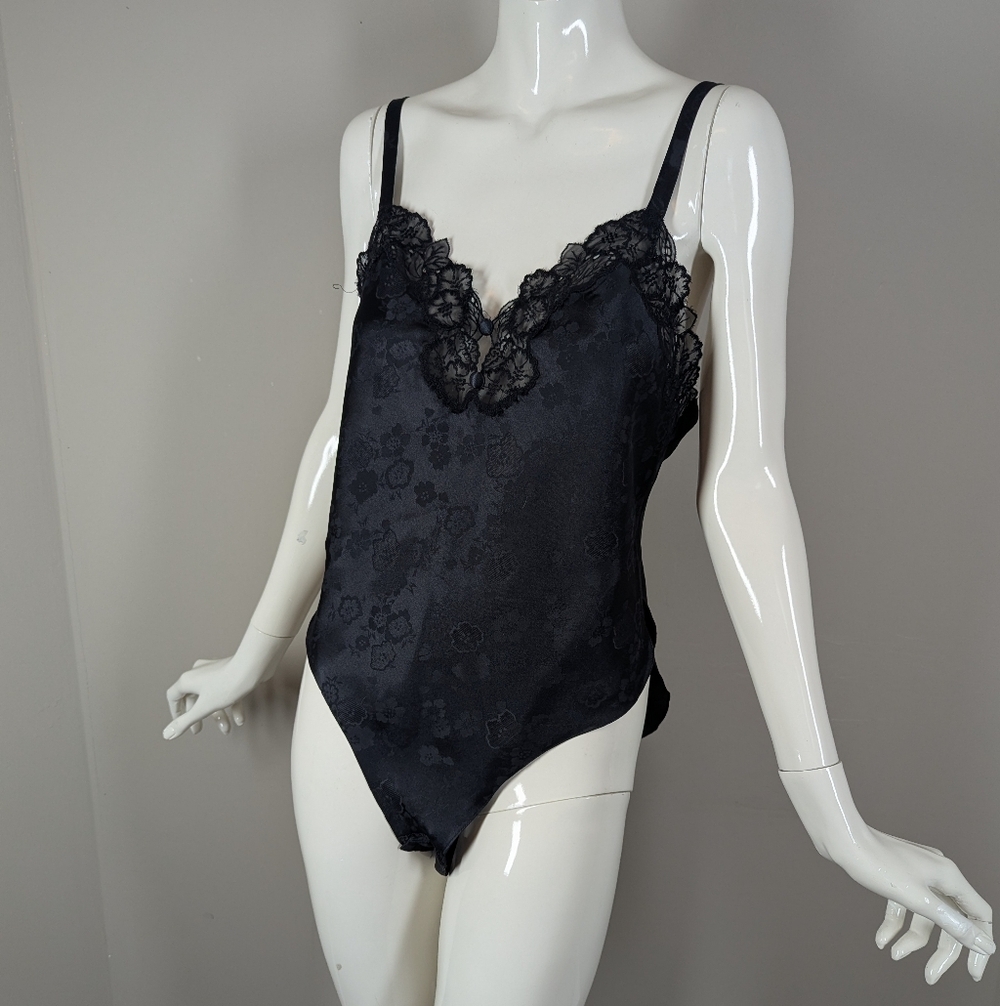 Vintage 90s Lace Teddy Bodysuit Black Satin Lingerie Snap Crotch Linda Montreal